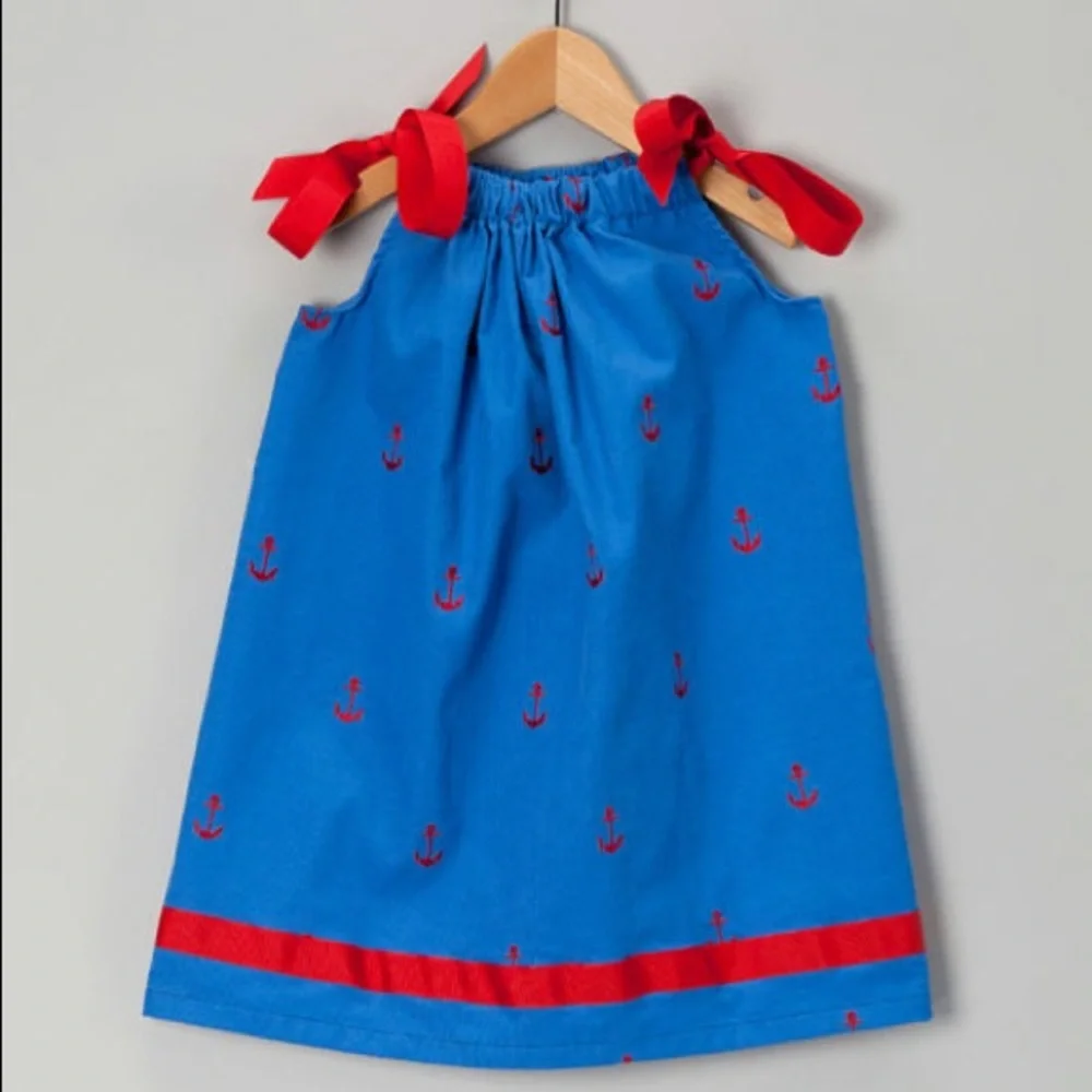 Ollie & Bess Marine Blue Anchor Pillowcase Corduroy Tie Dress